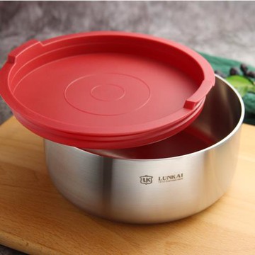 LUNKAI 18-10不銹鋼帶蓋碗16CM泡面大圓碗沙拉三層加厚密封保鮮盒