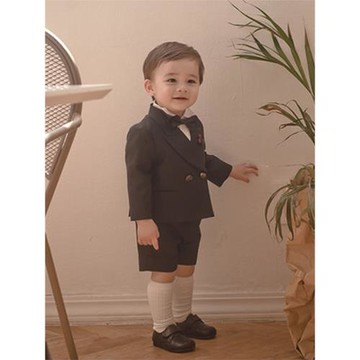 男寶寶周歲宴禮服英倫風花童婚禮小男孩生日兒童西裝套裝男童黑色