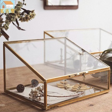 ✡復古首飾盒✡ 梯形多邊形復古銅邊玻璃首飾盒 擺件公主首飾收納盒 陳列盒裝飾品