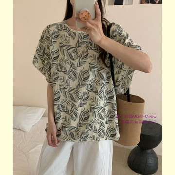 台灣㊣現貨✨90公斤可穿涼爽簡約日系樹葉寬鬆中大尺碼上衣 Want Meow招財貓旺鋪