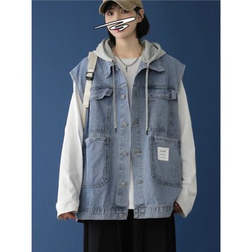春秋連帽工裝牛仔馬甲女胖mm寬松坎肩200斤大碼可脫卸帽無袖外套