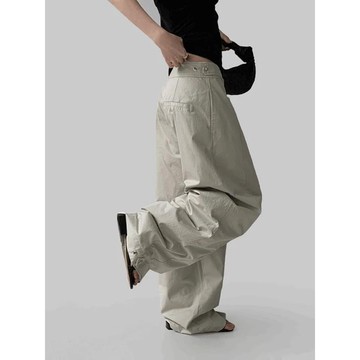 Codibook｜韓國 MAENIQUE 休閒鬆緊腰卡其色寬版工裝長褲［預購］長褲 工裝褲 女裝