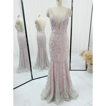 粉色重工名媛仙氣驚艷高級感修身魚尾晚禮服裙M01070