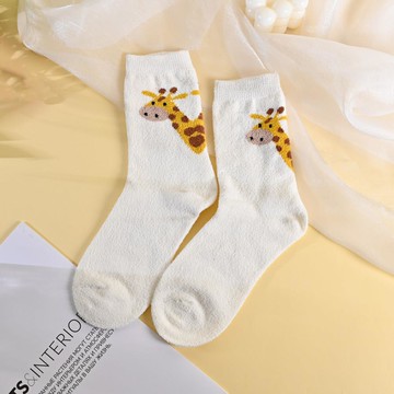 絨毛 1/2少女襪 長頸鹿-白