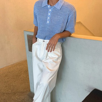【巴黎精品】現貨+預購 針織衫短袖POLO衫-鏤空翻領寬鬆潮流男上衣2色a1fy11