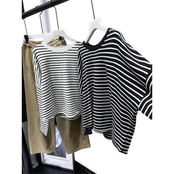 MQ高品質減齡氣質條紋針織衫 macqnf慵懶風顯瘦羊毛套頭衫女89258