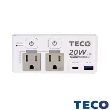 TECO東元 高溫斷電二開二插QC+PD雙快充轉接器 XYFWL220R22