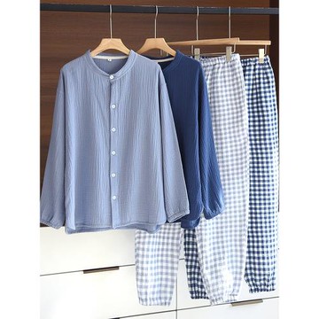 男士純棉睡衣春秋季薄款紗布長袖圓領開衫大碼家居服日系格子套裝