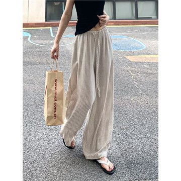 日系棉麻條紋闊腿褲女夏季薄款亞麻褲子高腰垂感寬松慵懶休閑長褲