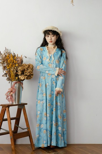 裊裊百貨公司-Vintage  藍色底白棕花卉蕾絲滾邊美國洋裝