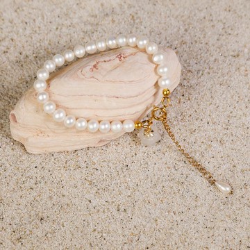 6–7mm 天然白色淡水珍珠手鏈 天然石鈴蘭吊墜 金色延長鏈