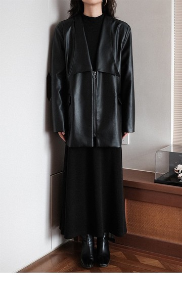 復古拼接撞色大開領黑色皮衣夾克外套