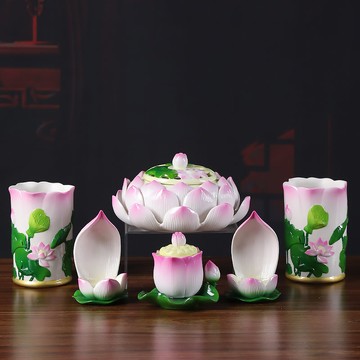 德化陶瓷供奉佛具用品套組家用供奉水杯香筒燭臺供佛佛前用品擺件 c8022