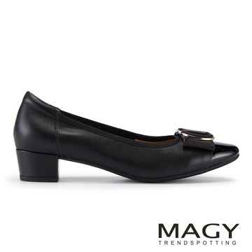 MAGY 雙皮質拼接金屬扣舒適低跟鞋 黑色  #  16230