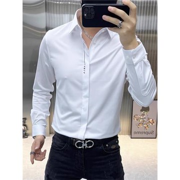 歐貨簡約商務休閑白襯衫男2024秋季時尚高端字母線條刺繡修身襯衣