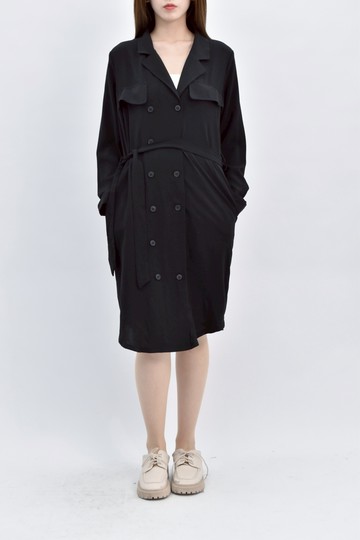 (S) 質感棉質長袖黑色洋裝