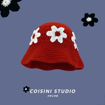 針織毛線帽女甜美百搭顯臉小漁夫帽日系清新小花手工素顏時尚新款【倪醬】