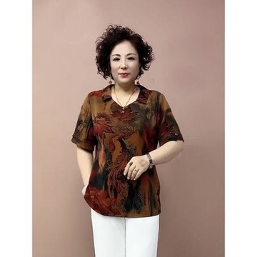 中老年媽媽國風提花緞小衫夏季新款短袖娃娃領民族風印花加肥上衣
