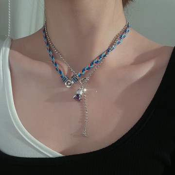 4.14小寶S925純銀彩色拼接編織皮繩項鏈女輕奢小眾設計高級感時尚