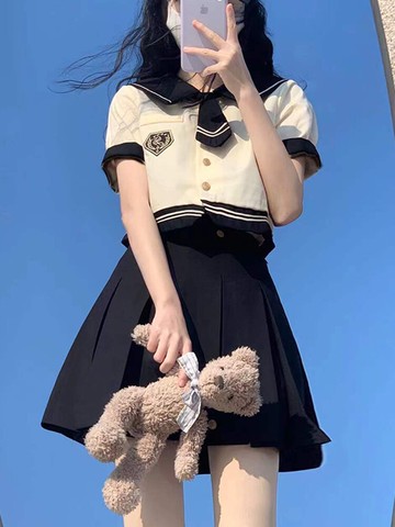 學院風日系制服連衣裙海軍領2022夏季新款奶甜jk套裝百褶裙兩件套