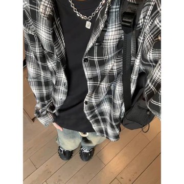 黑白格子長袖襯衫男高級感痞帥ootd穿搭美式復古cleanfit防曬外套