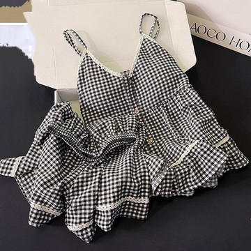 💗台灣出貨💗黑白格子睡衣女夏季 帶胸墊 免穿內衣 吊帶短褲 小個子大碼 簡約舒適 家居服套裝 女生睡衣 可愛睡衣 居家服