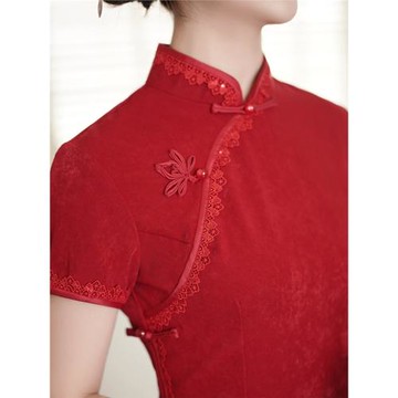 夢語春夏中式紅色純色改良旗袍高端氣質婚宴中長款優雅顯瘦連衣裙