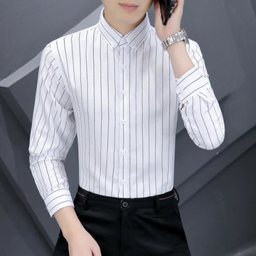 長袖襯衫男豎條紋修身襯衣春秋季韓版潮流商務休閑男裝上衣服寸衫