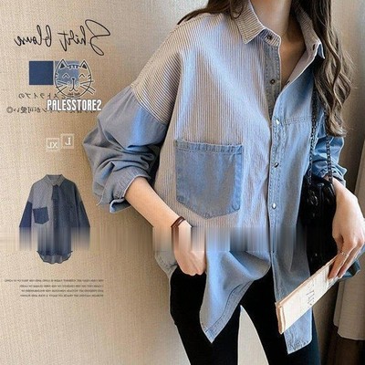 デニム風シャツブラウス レディース 長袖シャツ 春服 切り替え トップス ストライプ柄シャツ 着やせ 異素材切替シャツ 通販 Lineポイント最大get Lineショッピング