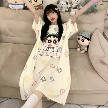 24hr出貨-🇹🇼現貨 100kg可穿 蠟筆小新睡衣 大尺碼睡裙 可外出睡裙 夏天睡裙