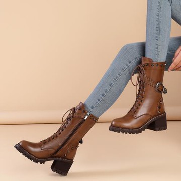 棕色真皮馬丁靴女2025年新款單靴英倫風高跟短靴女粗跟騎機車士靴