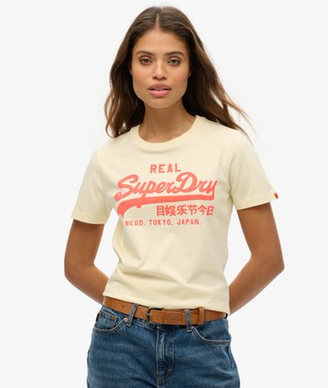 Superdry Women's Vintage Logo Neon Fitted T-shirt Cream Size: 10