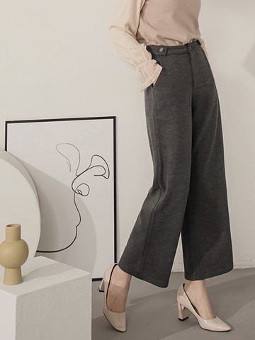 純色英倫風腰頭設計毛呢長寬褲