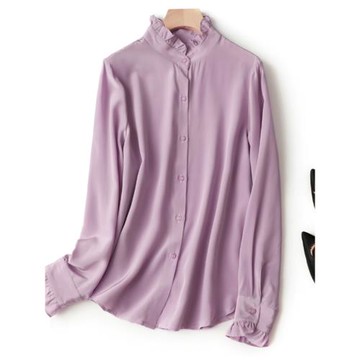 新款法式真絲襯衫女長袖設計感小眾木耳邊立領上衣小衫桑蠶絲襯衣