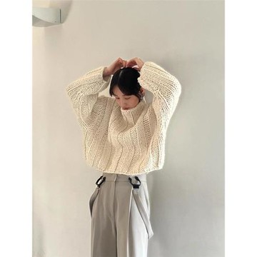 洋氣休閑寬松慵懶風高領毛衣女秋冬氣質簡約高級感軟糯短款針織衫