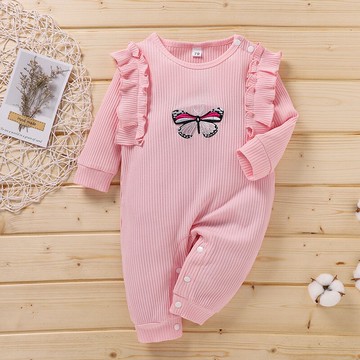 春秋6個月A類新款嬰幼女童哈衣圓領長袖卡通印花寬松純色韓版