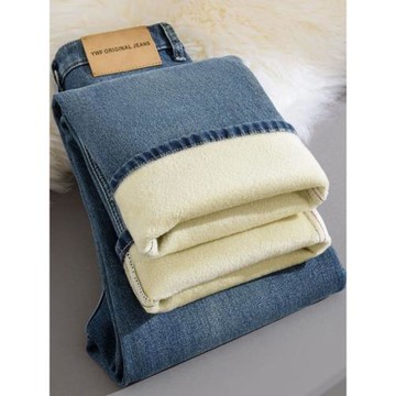 秋冬加絨加厚直筒牛仔褲女2025新款超火闊腿加棉褲保暖冬季褲子女