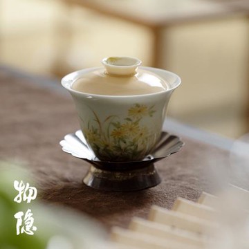 物隱堂丨景德鎮陶瓷手繪野菊賦蓋碗茶杯釉下粉彩泡茶碗功夫茶具