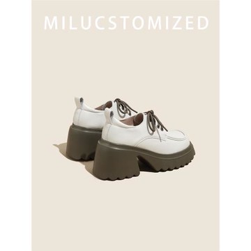 真皮厚底小皮鞋女2025春季新款英倫風小個子增高粗跟系帶樂福單鞋