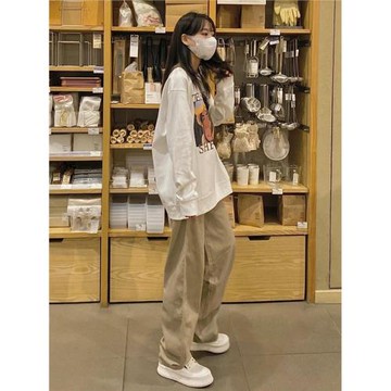 美式卡其色直筒牛仔褲女大碼2025夏季高腰寬松顯瘦垂感闊腿工裝褲