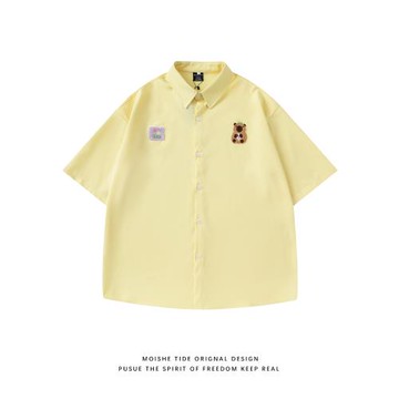 MOISHE TIDE潮牌夏季卡通小熊貼布刺繡短袖襯衫男女寬松百搭襯衣