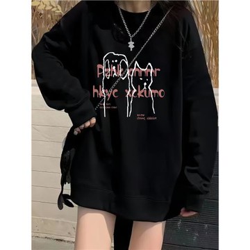 黑色純棉圓領衛衣女大童秋冬加絨加厚初中高中學院風百搭寬松上衣