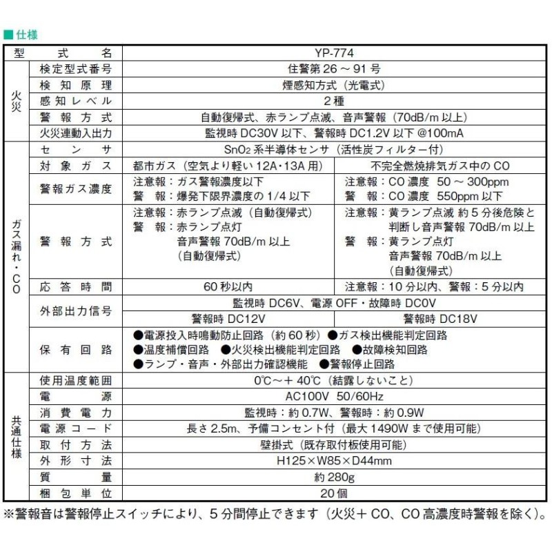 矢崎 都市ガス ガス警報器 ＣＯ警報器 住宅用 火災警報器（煙感知） YP