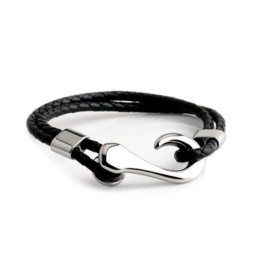 男手環．編織皮革・ 白鋼 ・個性鉤頭
