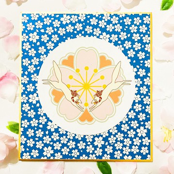 紅色櫻花和日出狐狸圓形春天裝飾 Shikishi Sakura 日本圖案春天插圖 Kitsune no yome Chiyogami