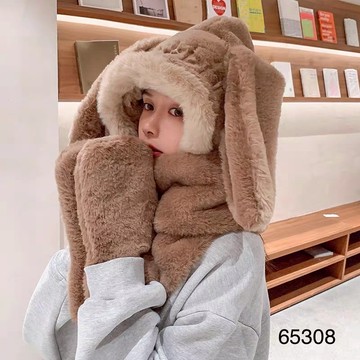 (時尚單品帽子)🐰可愛兔大耳朵毛絨圍巾手套一體保暖手套🐰