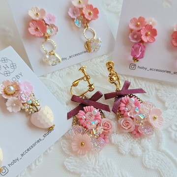 洋娃娃之夢 花 耳環/耳釘/耳夾 原創 手作 送禮 水晶 蝴蝶結