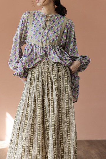 木刻印直條花花寬擺褲_綠