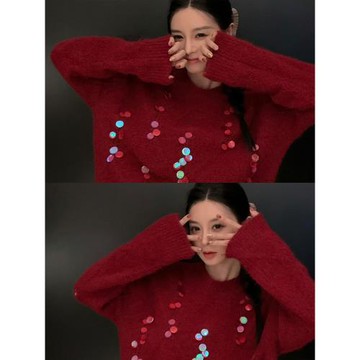 新年紅色重工亮片羊駝毛套頭毛衣女秋冬季軟糯慵懶寬松針織衫上衣