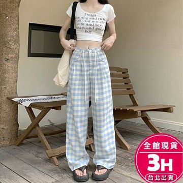 【梨卡】隔日到貨 女裝 長褲 褲子 休閒長褲 藍色格紋 四季長褲 寬鬆直筒 高腰寬褲 百搭長褲 GA554【現貨24H】